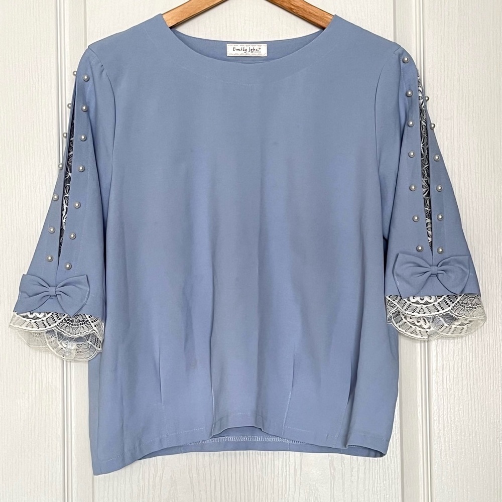 Emily John Periwinkle Blue Blouse Pearl & Lace Split Sleeve with Bow Romantic